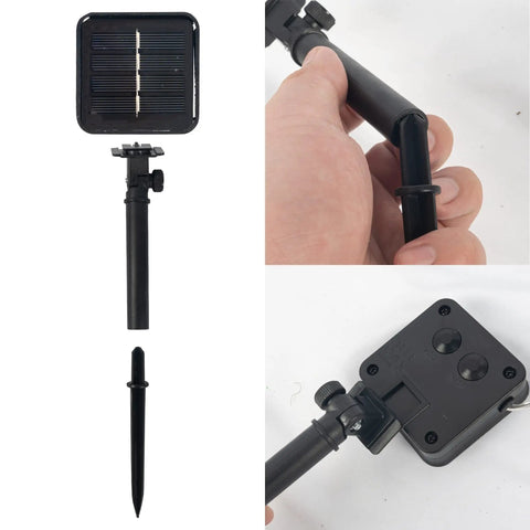 Close-up of 80 Ft Solar Powered Fairy Lights Outdoor Waterproof Silver Wire With 240 LEDs 8 Modes Two Pack Warm White Glow solar panel mount.