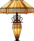Tiffany Style Yellow Stained Glass Table Lamp With Hexagon Shade And Mother Daughter Vase Base 16 Inch Shade 24 Inch Tall