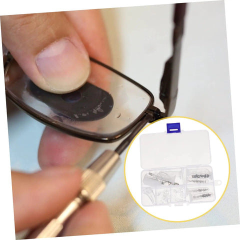 Using All In One DIY Eyeglass Repair Tools Kit With Nose Pad Screws And Maintenance Gear for fixing glasses, storage case visible