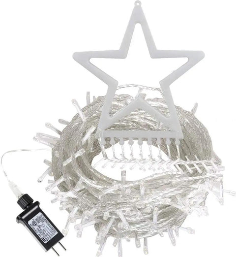 Outdoor Christmas Star Lights 11.5 Foot String With 317 LEDs Multicolor 8 Modes And Timer with top star and plug visible