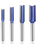 Heavy Duty Double Flute Straight Router Bit Set With 1/4 Inch Shank Carbide Tips, four bits designed for precise wood grooves.