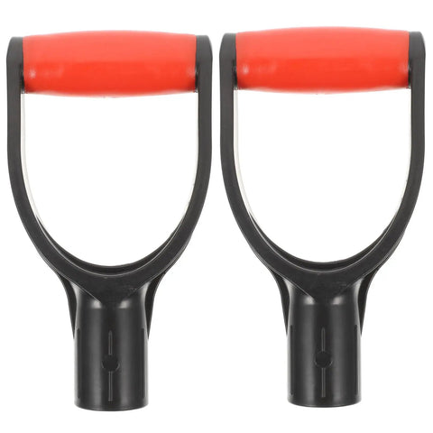 2 Piece Replacement Shovel Handle With D Shaped Grip For Shovel Head Comfy Ergonomic Grip Durable Easy Install Universal Fit For Garden Yard Work And Digging Raking Tasks. Black and red handles shown.