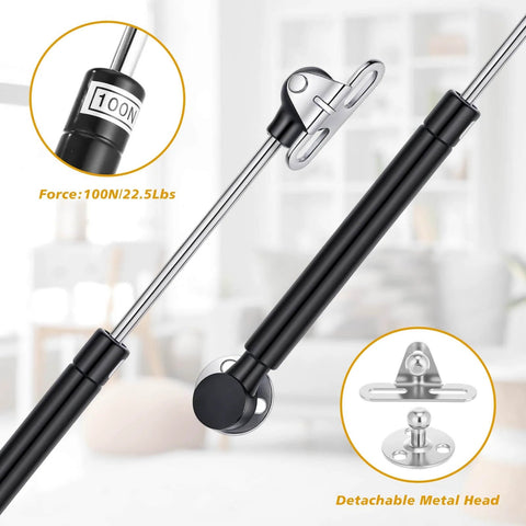 Close-up of 30 Pack 10 Inch Gas Struts For Cabinets And Doors With Soft Open Pneumatic Lift For RV Boat Hatch Furniture Lids 100N 22.5lb Heavy Duty Props Includes 29mm Mounts And 49 By 13 Mm Brackets.
