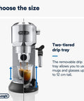 Game Changer Automatic Espresso Machine With Solid 15 Bar Pressure And Easy Dials For Killer Cappuccinos And Creamy Lattes Compact 35 Oz Metallic Coffee Brewer showcasing a two-tiered drip tray for varied glass sizes.