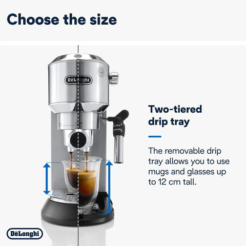 Game Changer Automatic Espresso Machine With Solid 15 Bar Pressure And Easy Dials For Killer Cappuccinos And Creamy Lattes Compact 35 Oz Metallic Coffee Brewer showcasing a two-tiered drip tray for varied glass sizes.