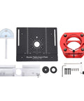 Rock Solid Router Table Lift System featuring Hella Precise Hand Crank Adjustment and Heavy Duty Anodized Aluminum Alloy Insert Plate set.