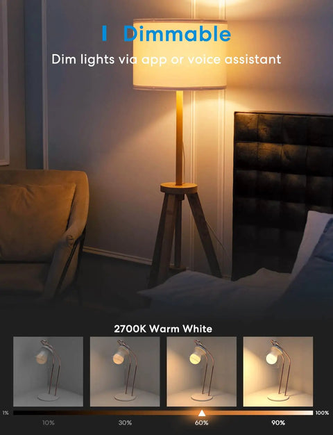 Smart WiFi LED Bulb Dimmable A19 E26 Warm White 2700K, 810 Lumens in lamp displaying dimmable function, living room setting