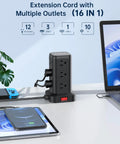 Surge Protector Power Strip Tower With 10 Ft Cord And 12 Outlets, 4 USB Ports Including 1 USB C on a desk with devices connected.