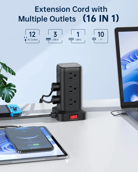 Surge Protector Power Strip Tower With 10 Ft Cord And 12 Outlets, 4 USB Ports Including 1 USB C on a desk with devices connected.