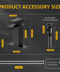 Matte Black Modern Waterfall Bathroom Faucet With Single Handle Fits 1 Or 3 Hole Sinks Includes Deck Plate And Hose Quiet Flow Easy Install Sleek Home Upgrade with accessory dimensions.