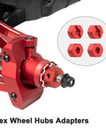 Beefy Aluminum RC Suspension Arms Kit For 1 Sixteenth Mini XRT Monster Truck showing red hex wheel hub adapters