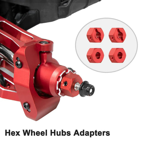 Beefy Aluminum RC Suspension Arms Kit For 1 Sixteenth Mini XRT Monster Truck showing red hex wheel hub adapters