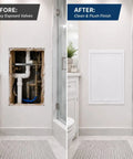 Before and after showing White Concealed Drywall Access Panel 29X32 installed for clean plumbing access in a bathroom.