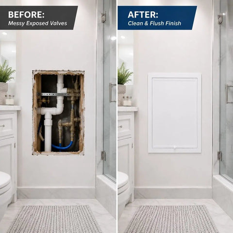 Before and after showing White Concealed Drywall Access Panel 29X32 installed for clean plumbing access in a bathroom.