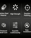 Icons showing features: Stainless Steel Material, High Strength, Precision Polishing, Thickened Shaft Core, Exquisite Craftsmanship, Easy Installation.