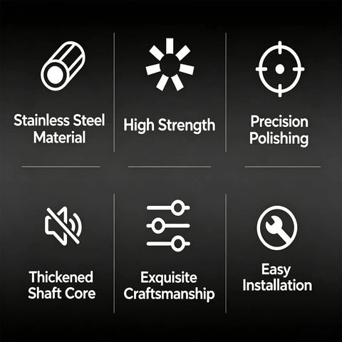 Icons showing features: Stainless Steel Material, High Strength, Precision Polishing, Thickened Shaft Core, Exquisite Craftsmanship, Easy Installation.