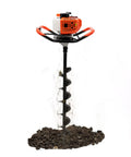 Beefy Gas Powered Auger Post Hole Digger With 52cc Engine, 1700W Power, drilling into soil with 8-inch bit, steel handles visible