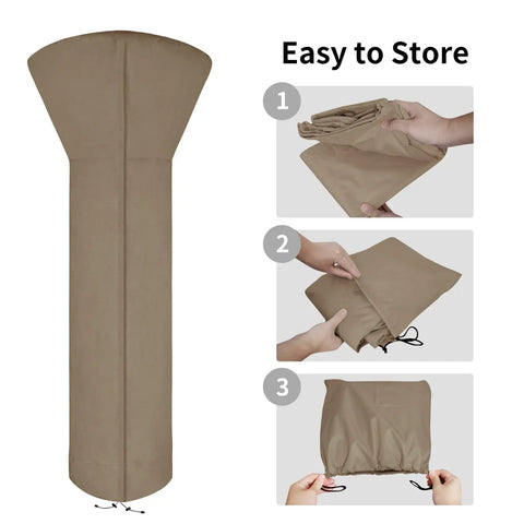 Patio Heater Cover With Zipper And Storage Bag All Weather Waterproof Dustproof UV Protected Wind Resistant Fits Most Propane Patio Heaters Camel 89 Inches High 33 Inches Diameter 19 Inches Base shown with folding and storing steps.