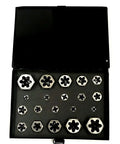 20 Piece Hexagon Rethreading Die Set With Right Hand Threads In Metal Case, arranged inside black storage case.