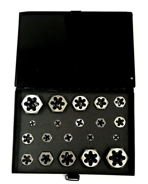20 Piece Hexagon Rethreading Die Set With Right Hand Threads In Metal Case, arranged inside black storage case.