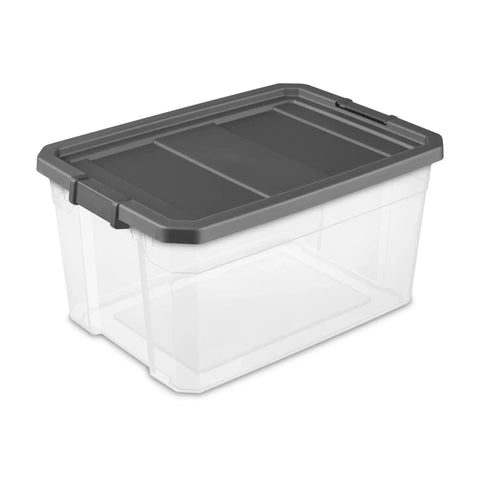 Two Pack 76 Quart Stacker Storage Bin Set With Clear Plastic And Dark Gray Latch Lid for easy garage basement attic organization