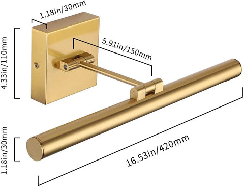 Diagram of Dimmable LED Picture Light With Swing Arm, 16.5 Inch Dope Brass Finish Wall Lamp, showing dimensions and structure