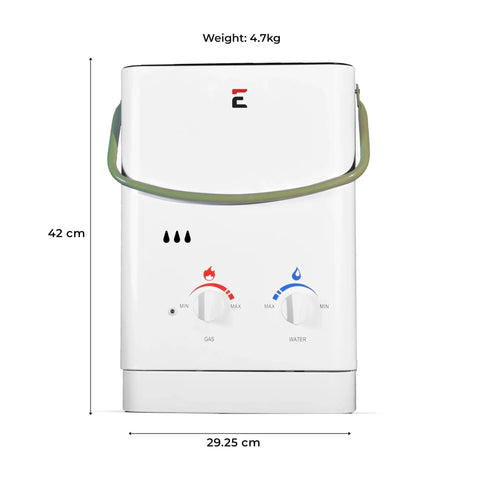 Top Shelf Portable Tankless Hot Water Heater Delivers Fast Five Liter Per Minute Hot Flow No Sweat For Tailgating Camping RV Conversions And Outdoor Cleaning Tasks, front view with dimensions.