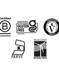 Certified B Corp, gluten free, vegan, kosher, and renewable energy product labels.