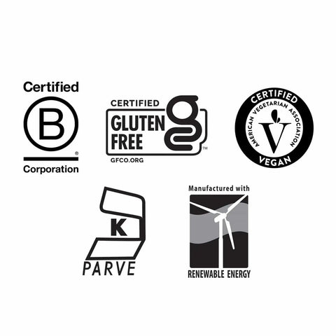 Certified B Corp, gluten free, vegan, kosher, and renewable energy product labels.
