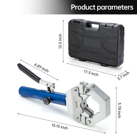 Hydra-Krimp 71500 Manual Air Conditioning Hose Crimper Kit shown with dimensions and carrying case
