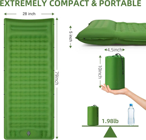 5 Inch Thick Camping Sleeping Pad With Built In Pillow And Foot Pump, 79 By 28 Inch Lightweight Air Mattress dimensions and compact size