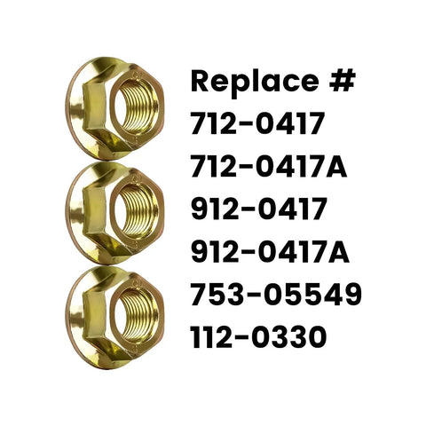 Tough As Nails Hex Flange Nuts For Lawn Mower Blade Spindle Swap Fits Cub Cadet MTD Craftsman Troy Bilt. 3 pack, replacement numbers shown.