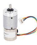 Hardcore Two Phase Four Wire Mini Gear Motor Crafted From Rust Resistant Stainless Steel Helical Gears For Dope 3D Printer Drives and Lightweight Robot Builds, side view with wires.