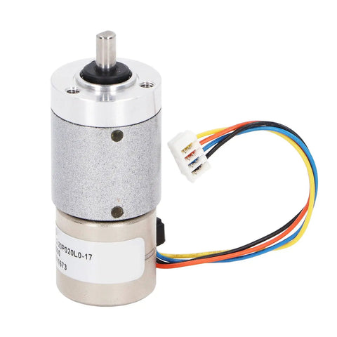 Hardcore Two Phase Four Wire Mini Gear Motor Crafted From Rust Resistant Stainless Steel Helical Gears For Dope 3D Printer Drives and Lightweight Robot Builds, side view with wires.