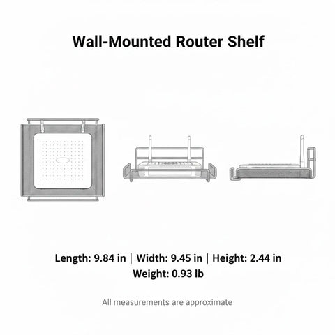 Diagram of Heavy Duty Black Metal Mesh Wall Mount Bracket For Modems And Network Gear Space Saving Shelf with dimensions