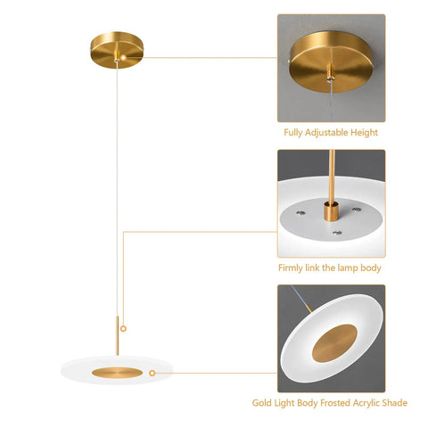 Gold Modern Pendant Light 3 Pack LED Ceiling Fixtures 6000K Cool White Mini Pendant Lighting For Kitchen Island Dining Room Hallway Bedroom Modern Home Decor, gold finish with adjustable height and frosted acrylic shade