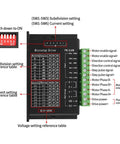 Front view of TB6600 stepper motor driver module; black enclosure with green terminal block and DIP switches.