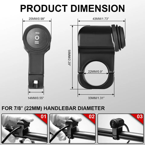 Product dimensions of Two-Lead LED Light Wiring Harness With ON-OFF-ON Handlebar Switch for 22mm bikes and ATVs, installation views