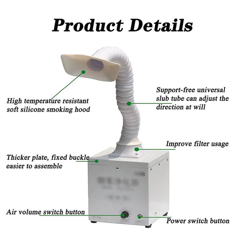 Heavy Duty Welding Fume Extractor With Killer Suction And Three Layer Filtration For Clean Air During Soldering Jobs Low Noise Design With Adjustable 360 Degree Tube To Grab All The Smoke Fast, showing adjustable silicone hood.