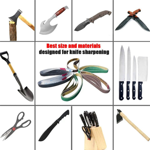 Replacement Belt Kit For Half Inch By Twelve Inch Knife And Tool Sharpeners With Grits 80 120 240 400 1000 1200 For WSKTS And WSKTS KT Durable Replacement Belts For Daily Use In Home Workshops Pro Gear with various sharpened tools displayed.