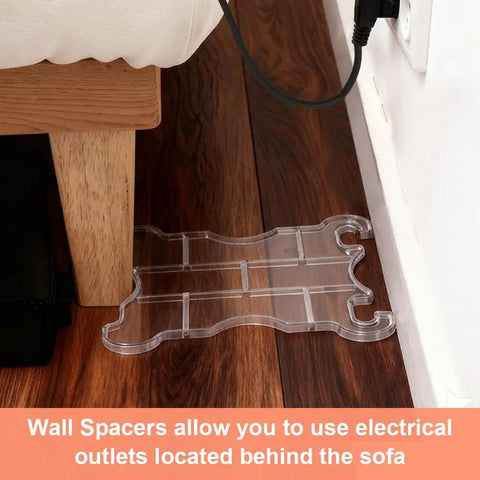 Two Pack Clear Acrylic Sofa Wall Spacers Keep Paint Fresh And Block Deep Scratches With Reusable Invisible Gap Push Backers That Lock Couches Tight To Walls For A Dope Home Setup, shown placed behind a sofa.