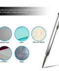 Heavy Duty Tungsten Scriber Marker Pen For Glass Metal Stainless Steel Ceramic Engraving Tool Straight Up Tough Built For Crisp Precision Marks Silver Tone showing usage on various materials.