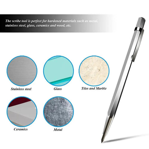 Heavy Duty Tungsten Scriber Marker Pen For Glass Metal Stainless Steel Ceramic Engraving Tool Straight Up Tough Built For Crisp Precision Marks Silver Tone showing usage on various materials.