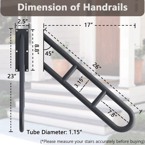 Two Pack 26 Inch U Shaped Stair Handrails With Extra Crossbars, Wall Mounted Grab Bars For Indoor Outdoor Stairs, Black Matte.
