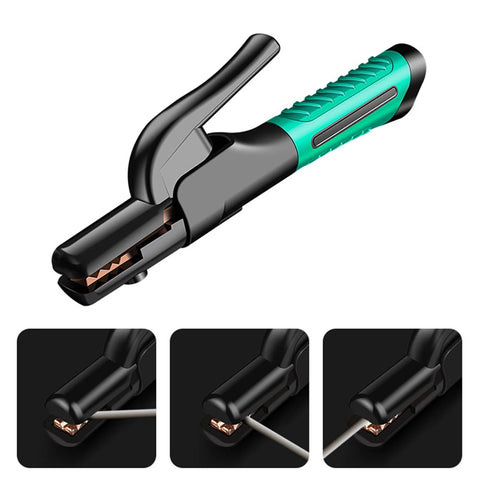 Welding electrode holder for ARC welding with green and black handle, copper jaws, 300A.