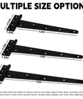 Multiple size options of sturdy T hinges for shed doors, barn doors, and gates. Includes 12-inch, 14-inch, and 16-inch rust-resistant hinges.