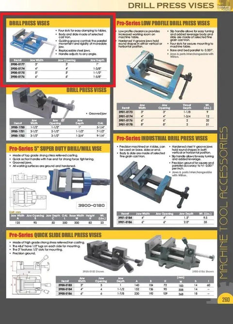 Beefy Drill Press Vise 6 Inch Jaw Opening 6 Inch Wide Cast Iron Body With Parallel Guide Replaceable Steel Jaws shown in catalog