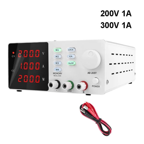 Pro-Grade Dual Display Digital Programmable DC Power Supply For Labs With Precision 1A Adjustable Output And 10A Current Capacity, front view with test leads