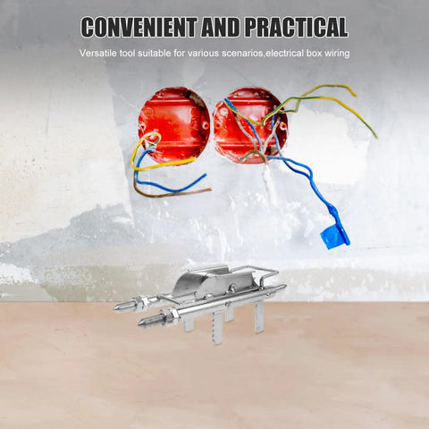 Homoyoyo Wire Pulling Tool Junction Box Cable Threading Aid Easy Solo Conduit Installation Electrical Box Wiring Fast Guide Helper For Electricians showing wires in red junction boxes and the steel guide tool.