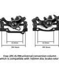 Stop On A Dime Heavy Duty Mechanical Disc Brake Set With Floating Rotor Caliper Cable Lever Kit For Mountain Bikes And Motorcycles showing IS/PM universal conversion columns.